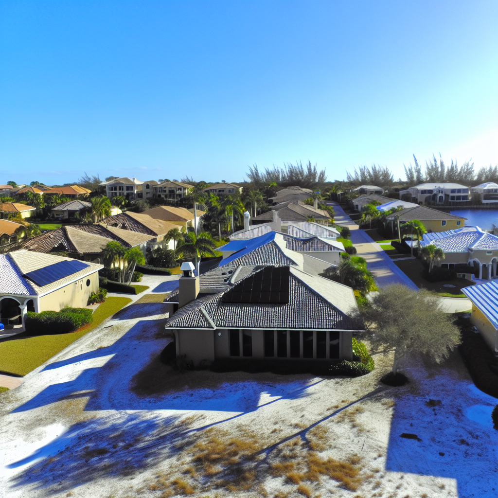 a group of houses with trees and a body of water