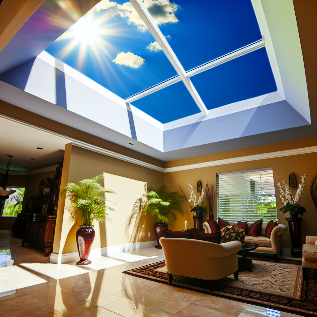 a room with a skylight and a couch and a couch