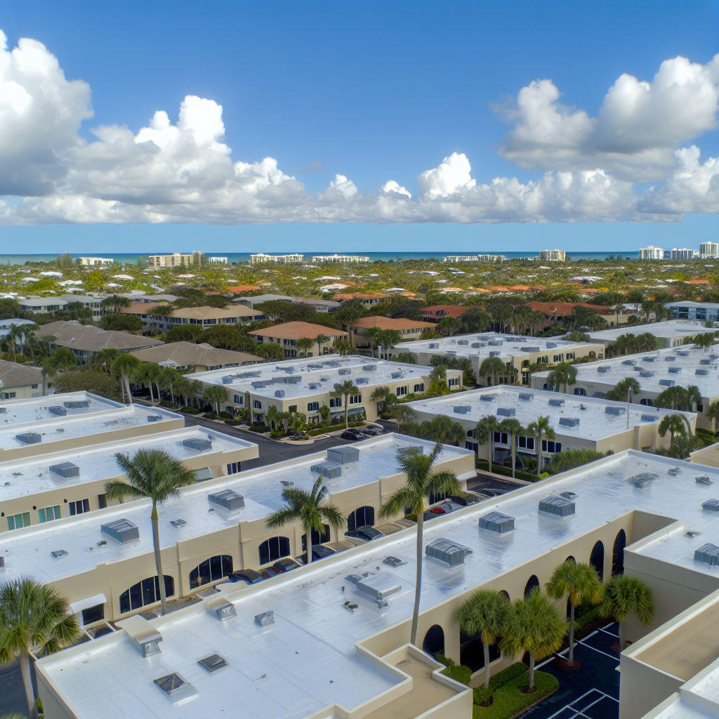 a aerial view of a building with many trees and buildings