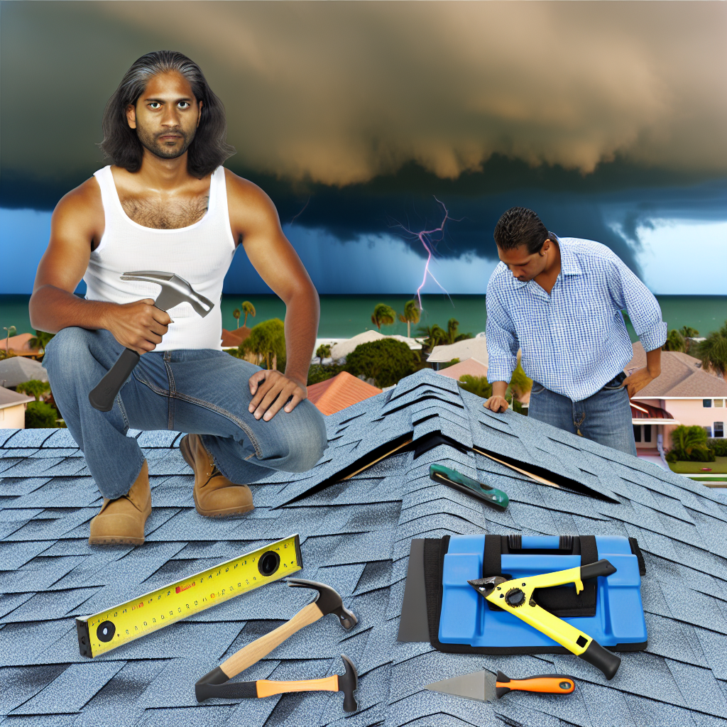 a man holding hammers on a roof